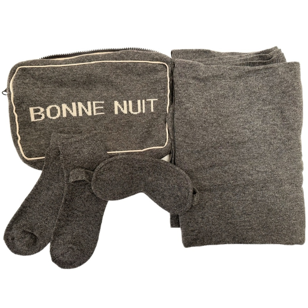 BONJOUR/BONNE NUIT AMICALE CASHMERE TRAVEL SET: BLANKET, SOCKS, EYE MASK NWOT